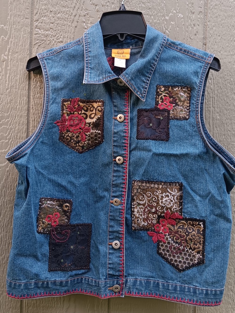 RUBY RD. Embroidered Patchwork Denim Vest Size 16